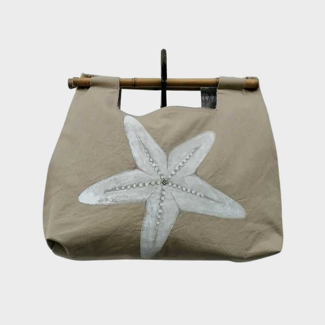 Cartera de Playa o de Verano, Pintada a Mano - Color Khaki- Diseño de Estrella de Mar